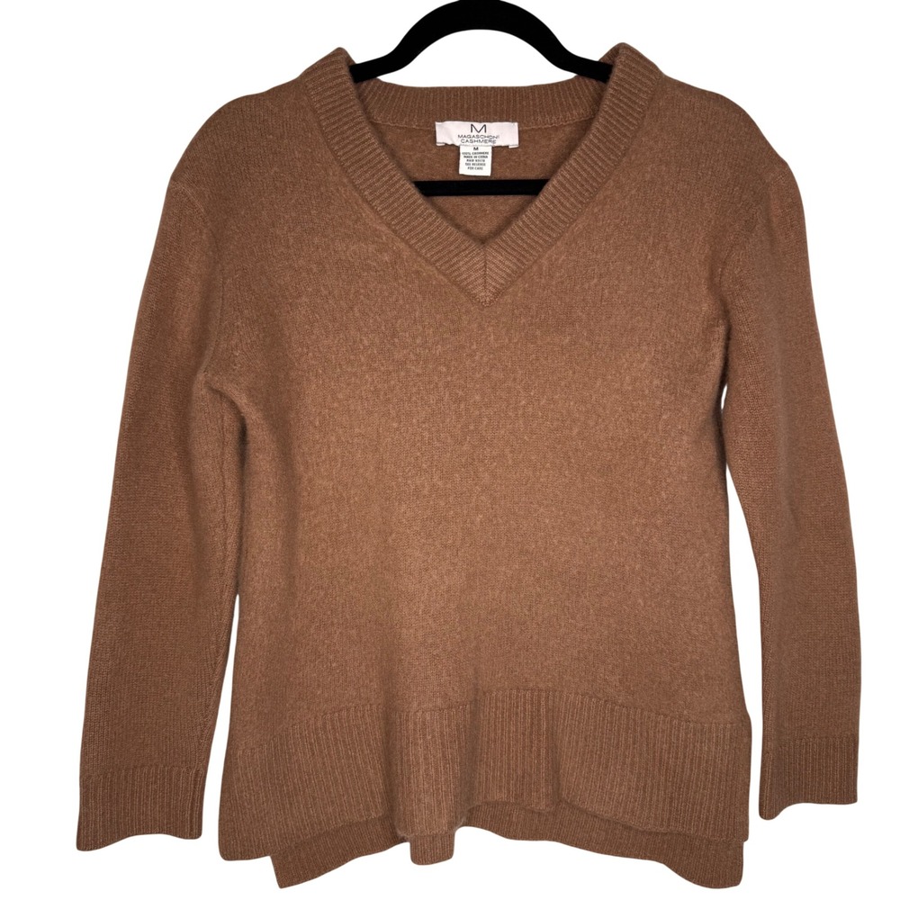 Magaschoni Cashmere Womens V-Neck Sweater Brown Camel High-Low‎ Side Slit Size M